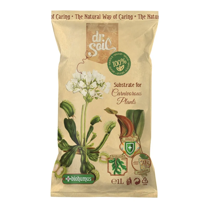 <p>Dr.Soil natural substrate for Carnivorous Plants, preferably with biohumus, in a 1L bag Composition: peat, biohumus, Mediterranean pine bark humus min. 30%, compost from vegetable waste, organic matter This formula states the main needs of carnivorous plants (Dionaea, Sarracenia, Nepenthes, Drosera, Pinguicula, etc.): sufficient amount of water accessible to the roots and very good drainage, natural fertilization with biohumus, supplemented with compost from green waste, natural immunity and strengthening the plant structure. How to use: Choose a suitable pot and place some pebbles at the base to ensure adequate water drainage. Then pour a layer of substrate and prepare a hole to place the new plant. Carefully remove the plant from the old pot and gently remove any soil present on the roots. </p>